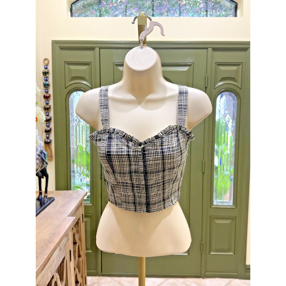 Vintage Liberty Love Black & White Plaid Bustier-Style Crop Top – Size S